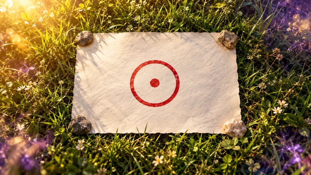 Papel con el símbolo del sol dibujado en tinta roja sobre la hierba, sujeto con piedras bajo el sol
