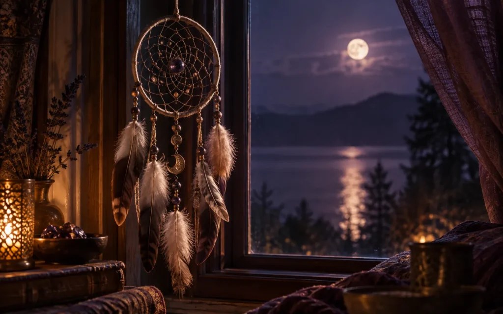 Atrapasueños con plumas junto a una ventana a la luz de la luna