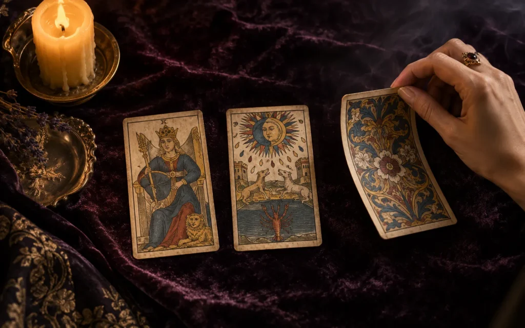 Tirada de tres cartas de Tarot de Marsella junto a una vela