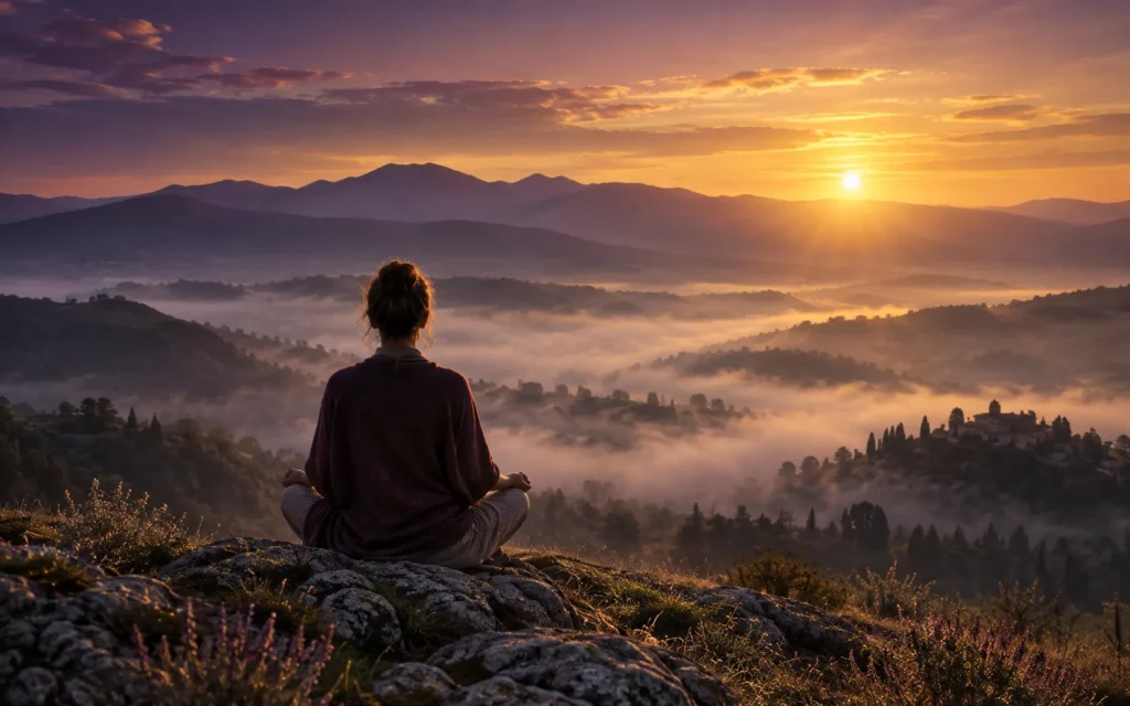 Persona meditando al amanecer frente a un valle con niebla