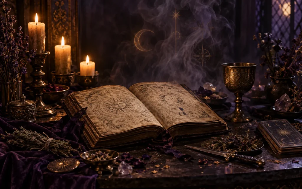 Grimorio abierto sobre un altar con velas, hierbas y un cáliz