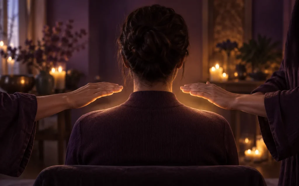 Manos sobre los hombros de una persona durante una sesión de reiki