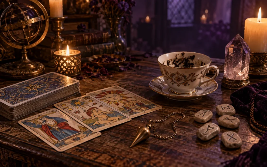Herramientas de adivinación: cartas de tarot, péndulo, runas y un cristal