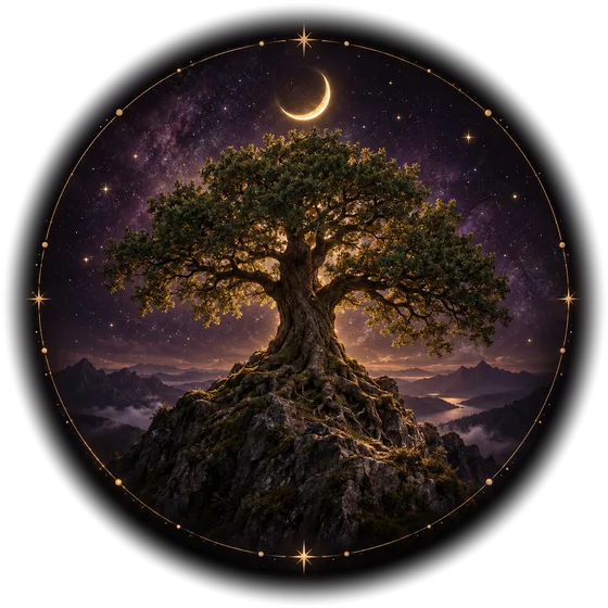 Roble ancestral sobre una cima rocosa bajo la luna creciente