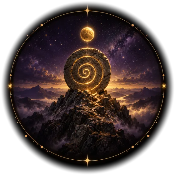 Disco de piedra con una espiral dorada sobre una cima bajo las estrellas