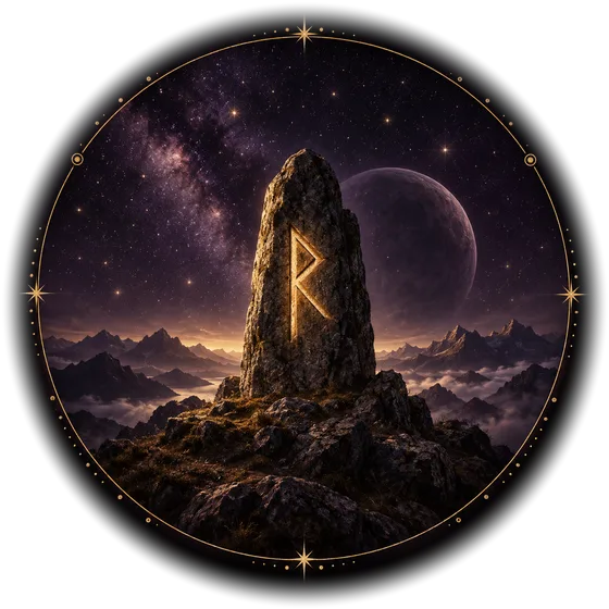 Piedra erguida con la runa Raidho grabada en oro bajo un cielo estrellado