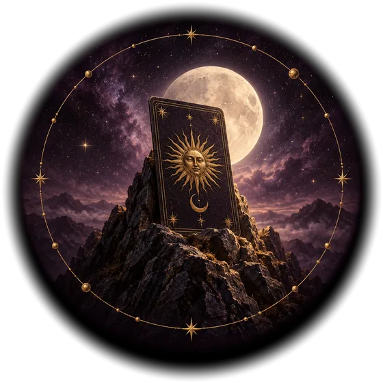 Carta del Tarot de Marsella con un sol dorado sobre una cima rocosa bajo las estrellas