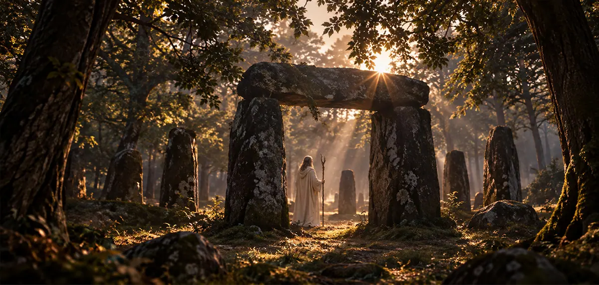 Dolmen en un bosque al amanecer
