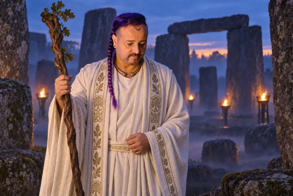 José Cuy como archidruida en un círculo de piedras al anochecer