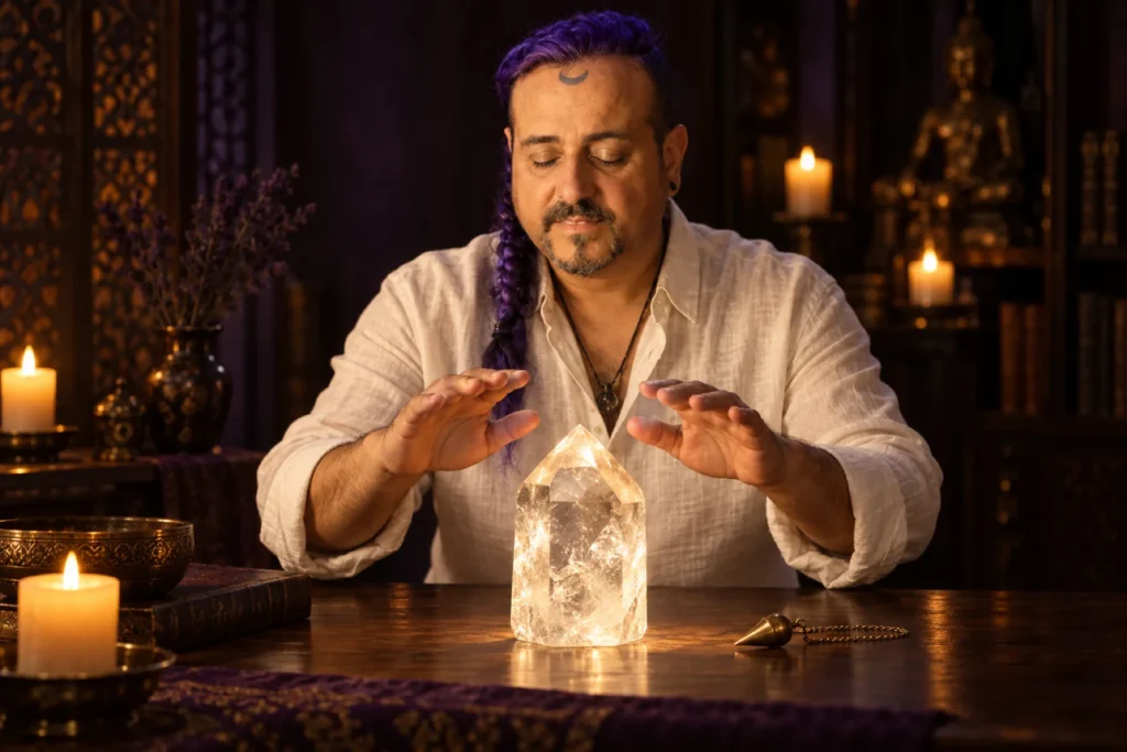 José Cuy en una sanación MasMaTi con un cuarzo