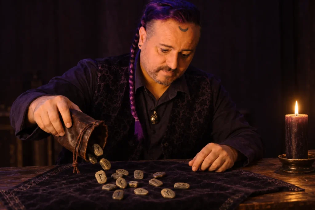 José Cuy lanzando runas del Futhark