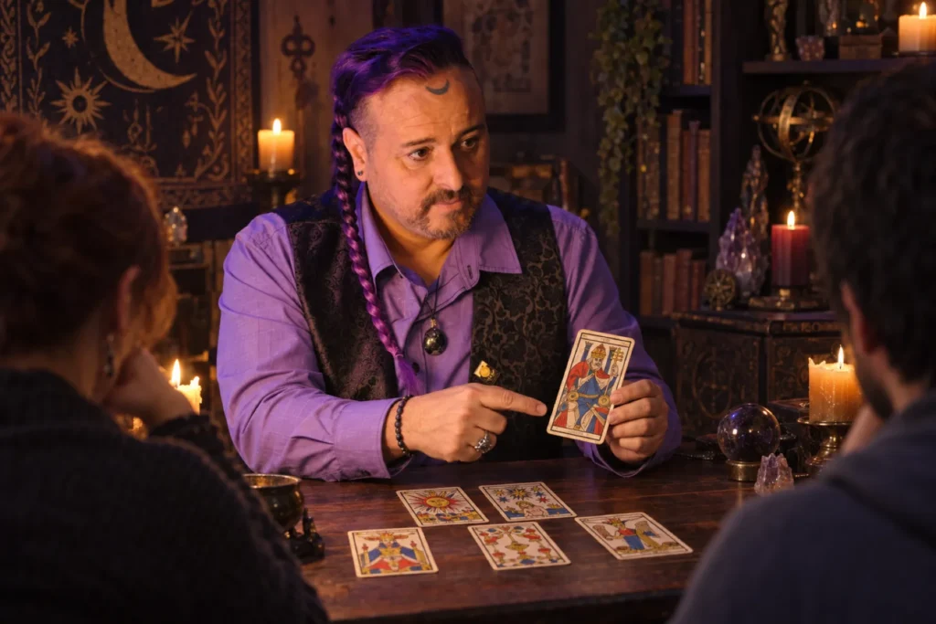 José Cuy enseñando tarot a un grupo reducido