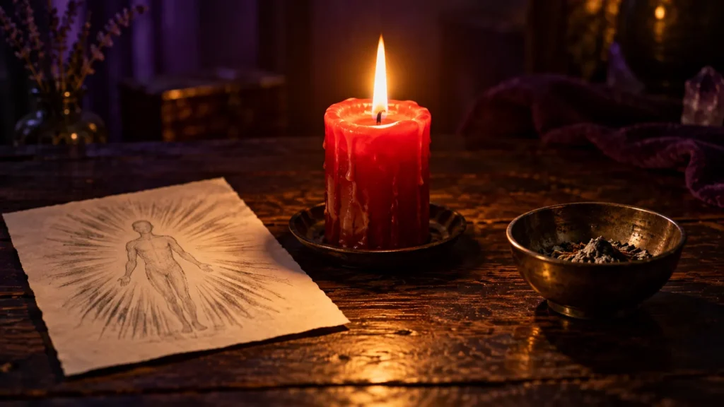 Vela roja encendida junto a un dibujo de una figura rodeada de luz y un cuenco metálico con ceniza
