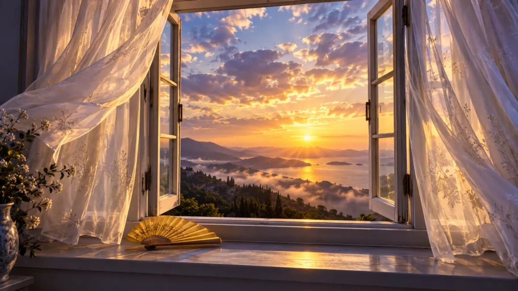 Ventana abierta al amanecer con cortinas movidas por la brisa y un abanico de papel amarillo en el alféizar