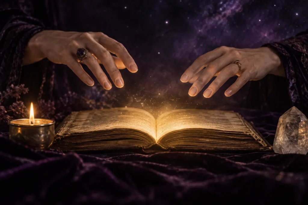 Manos sobre un libro antiguo abierto que desprende una luz dorada