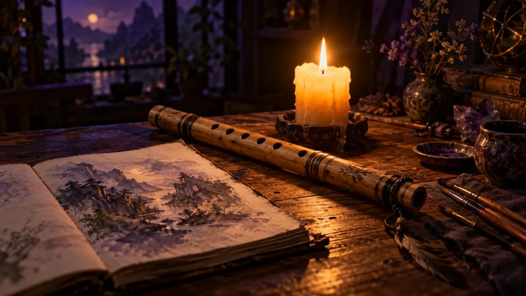 Flauta de bambú junto a una vela amarilla encendida y un cuaderno de dibujo sobre una mesa de madera