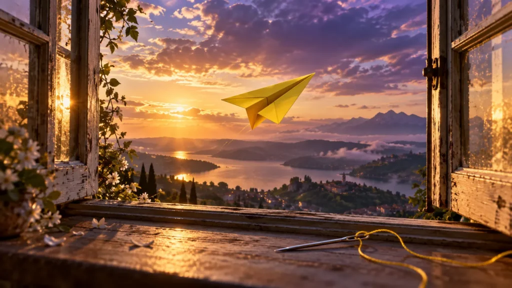 Avión de papel amarillo volando por una ventana abierta hacia el cielo