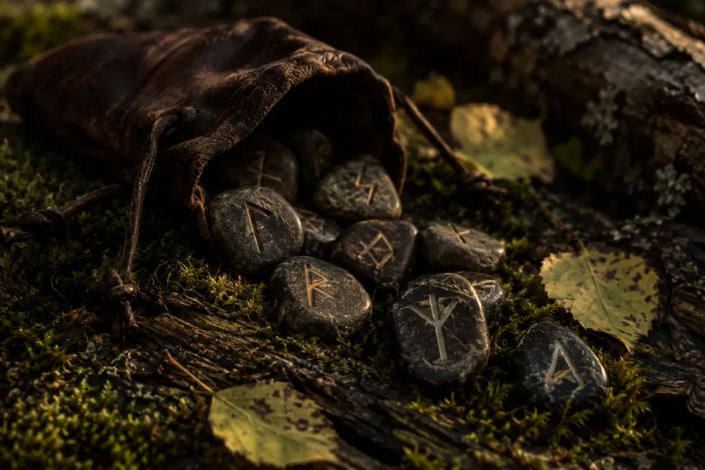 Runas del Futhark talladas en piedra sobre musgo