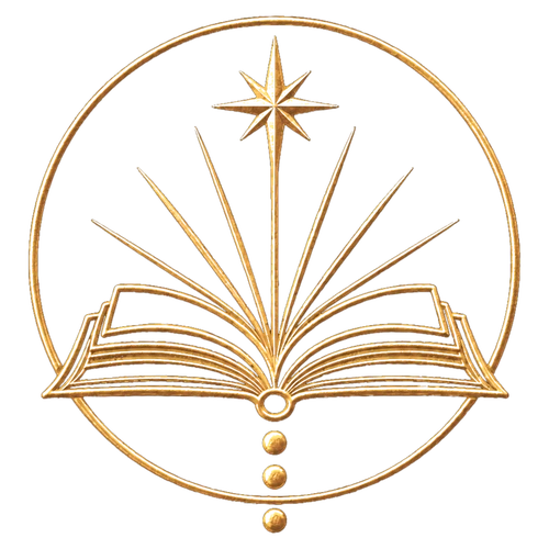 Símbolo dorado de un libro abierto bajo una estrella
