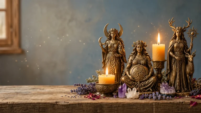 Altar con figuras de diosas celtas en bronce y velas