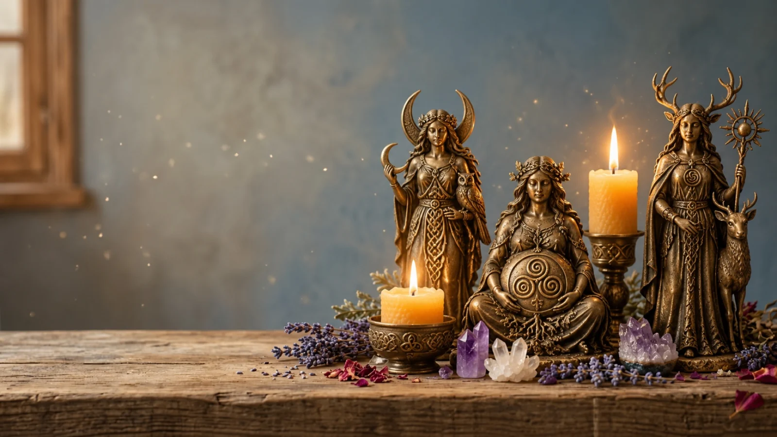 Altar con figuras de diosas celtas en bronce y velas