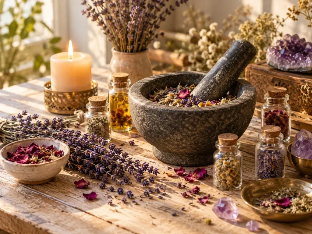 Mortero con hierbas secas, flores y frascos sobre una mesa de madera