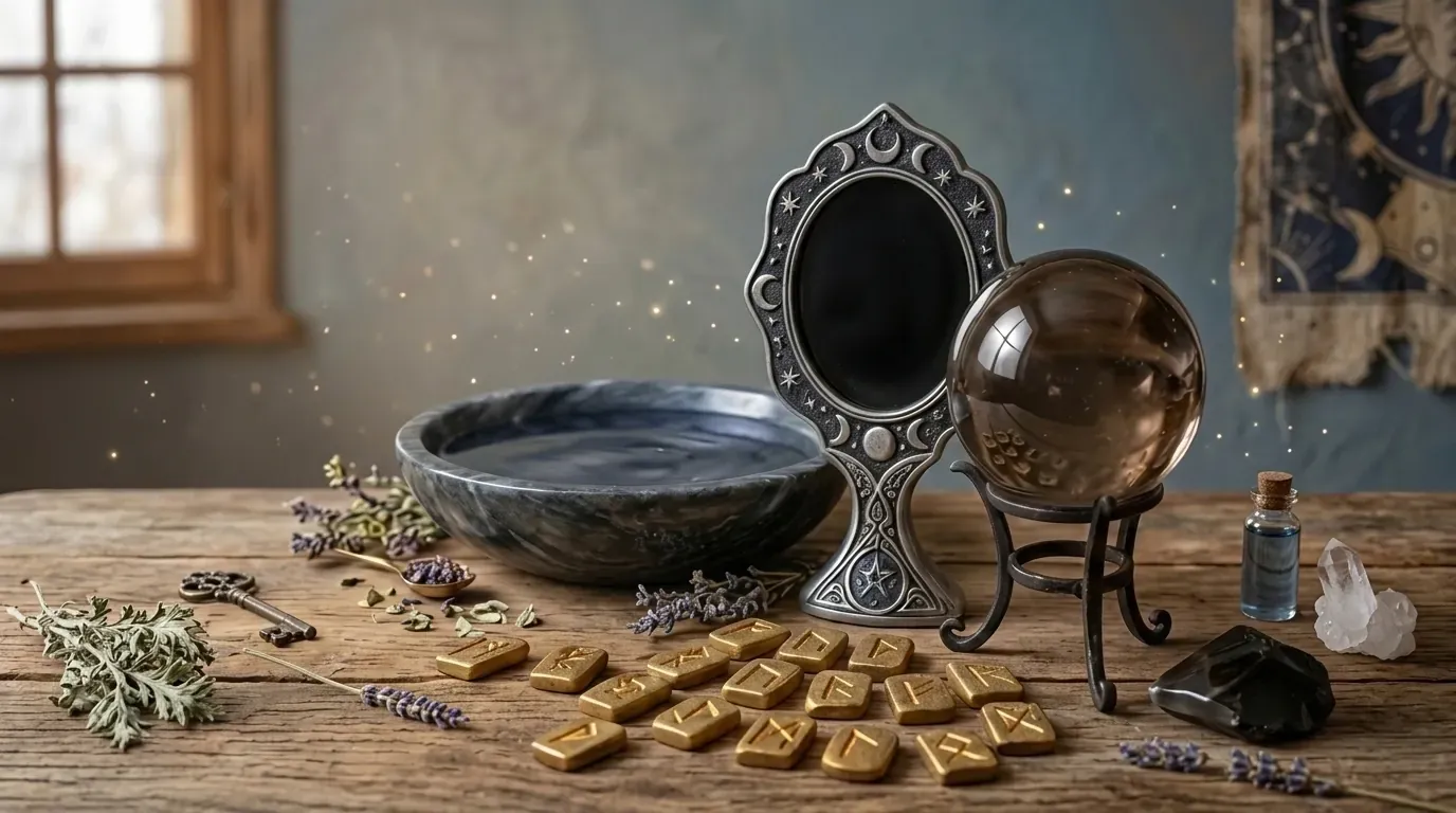 Runas, espejo negro y bola de cristal sobre una mesa de madera