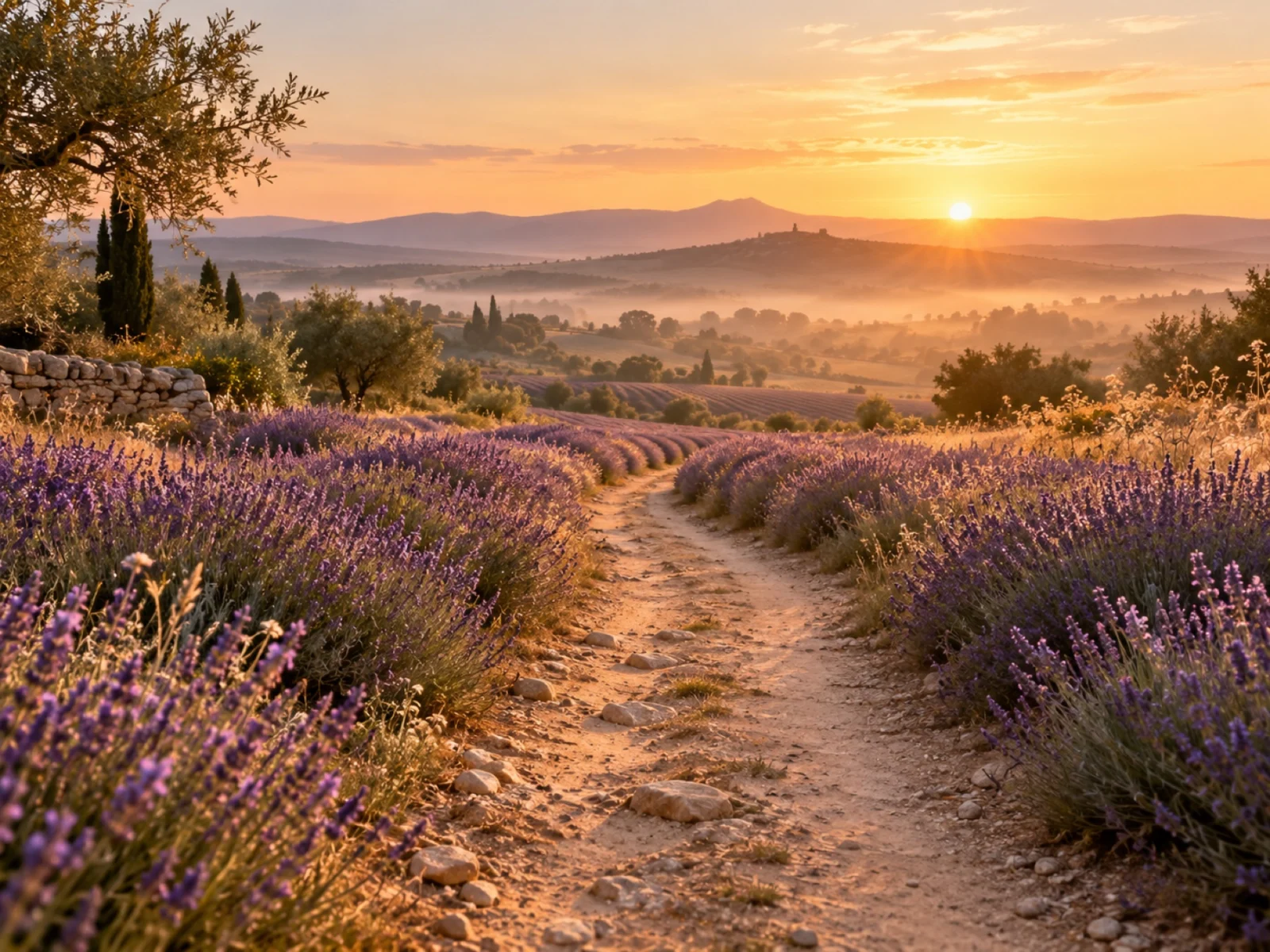 Camino entre campos de lavanda al amanecer