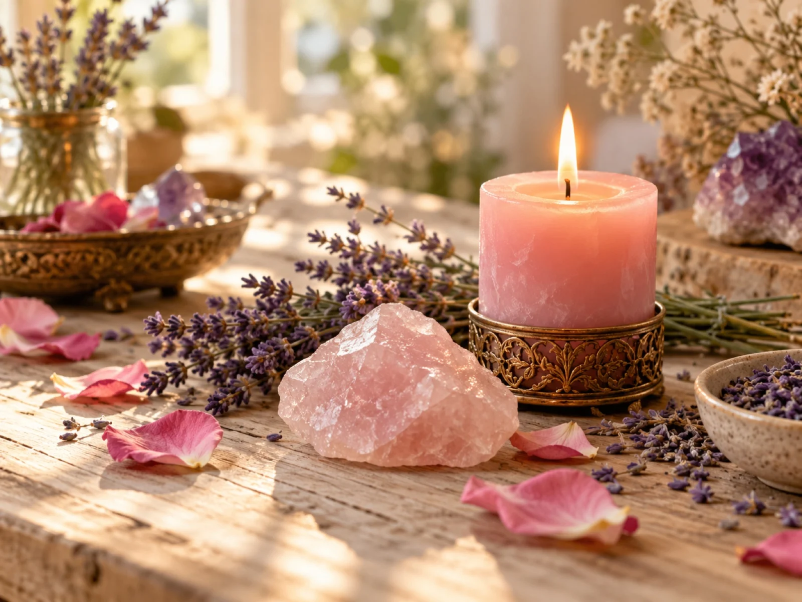 Pétalos de rosa, cuarzo rosa y una vela rosa encendida