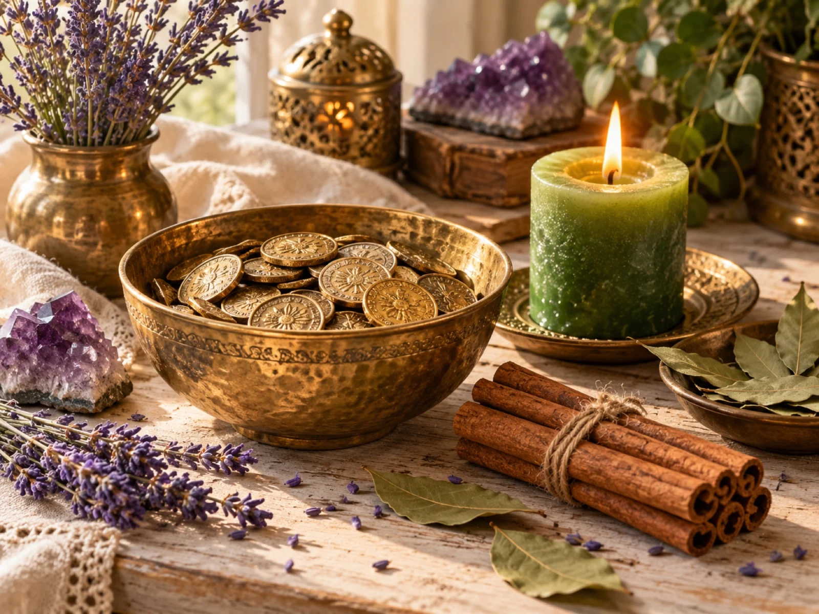 Cuenco de latón con monedas, canela, laurel y una vela verde