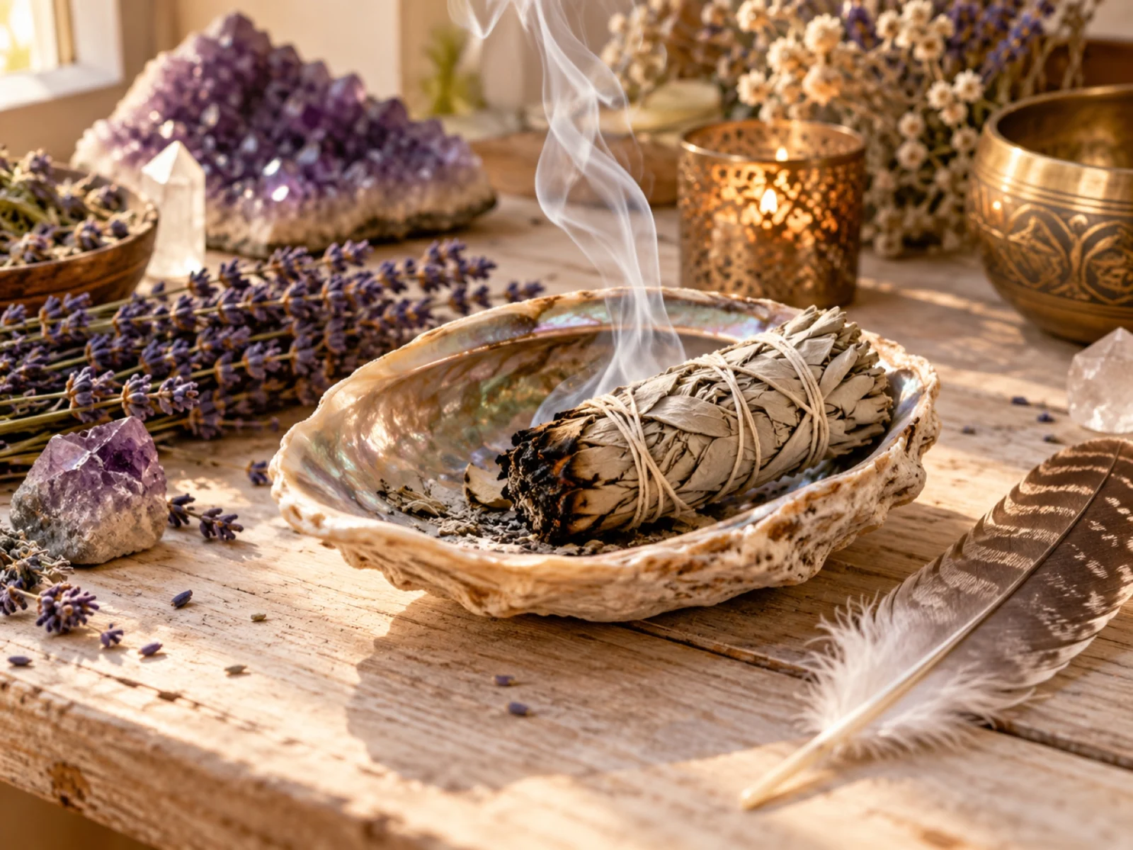 Atado de salvia humeando en una concha, con una pluma