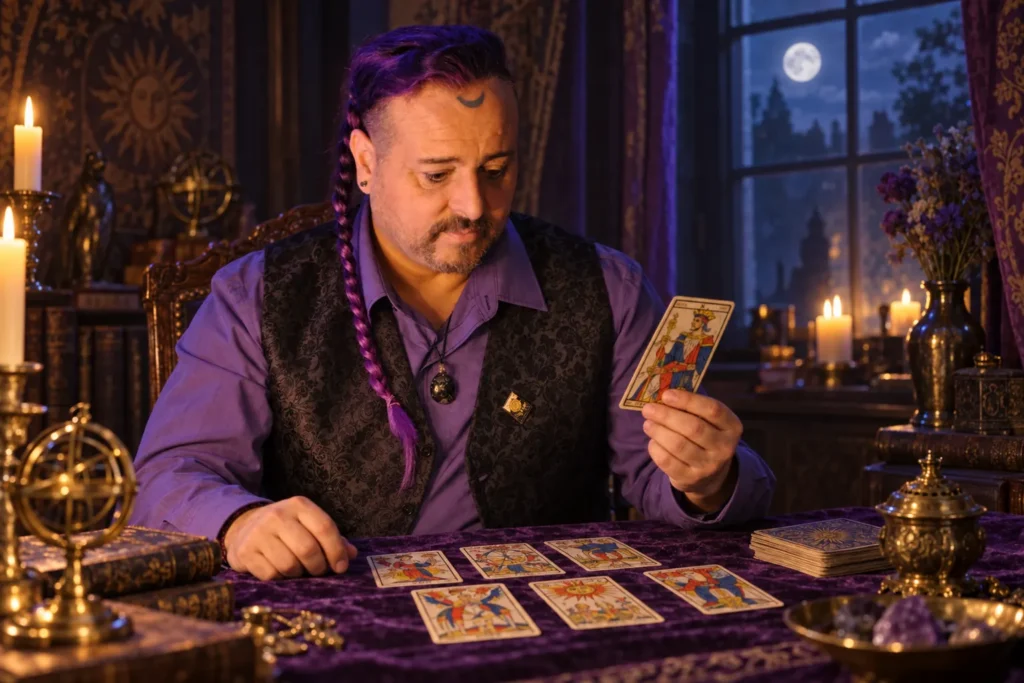 José Cuy leyendo una tirada de Tarot de Marsella a la luz de las velas
