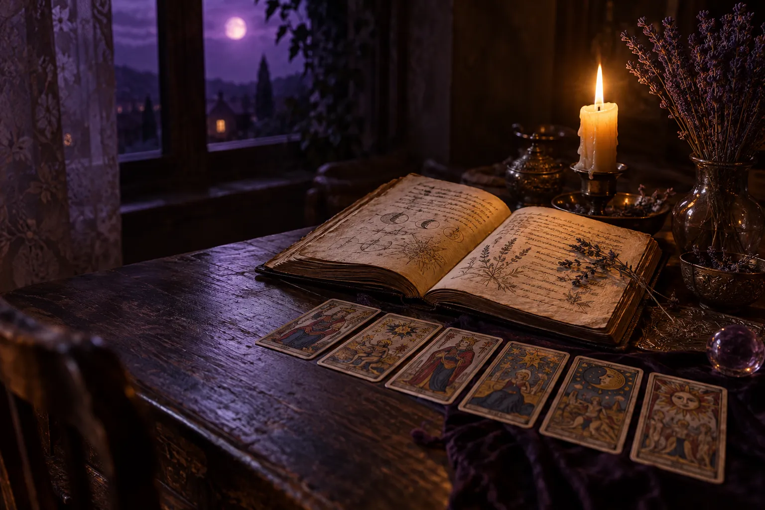 Libro antiguo con anotaciones junto a cartas de Tarot de Marsella y una vela