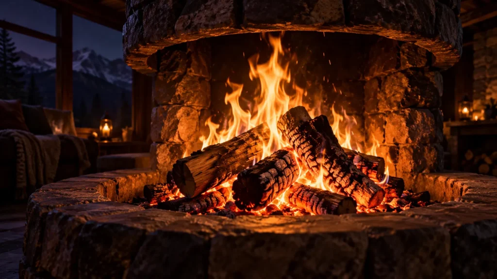 Llamas danzando en una chimenea circular de piedra por la noche